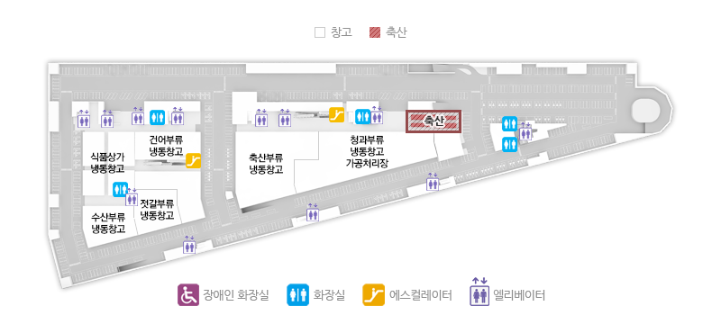 판매동 B2구역 시설안내도 - 창고,축산,식품상가냉동창고,건어부류냉동창고,수산부류냉동창고,젓갈부류냉동창고,축산부류냉동창고,청과부류냉동창고가공처리장 등이 있고,장애인화장실,화장실,에스컬레이터,엘리베이터가 있습니다. 상단 좌우측 엘리베이터가 있습니다.